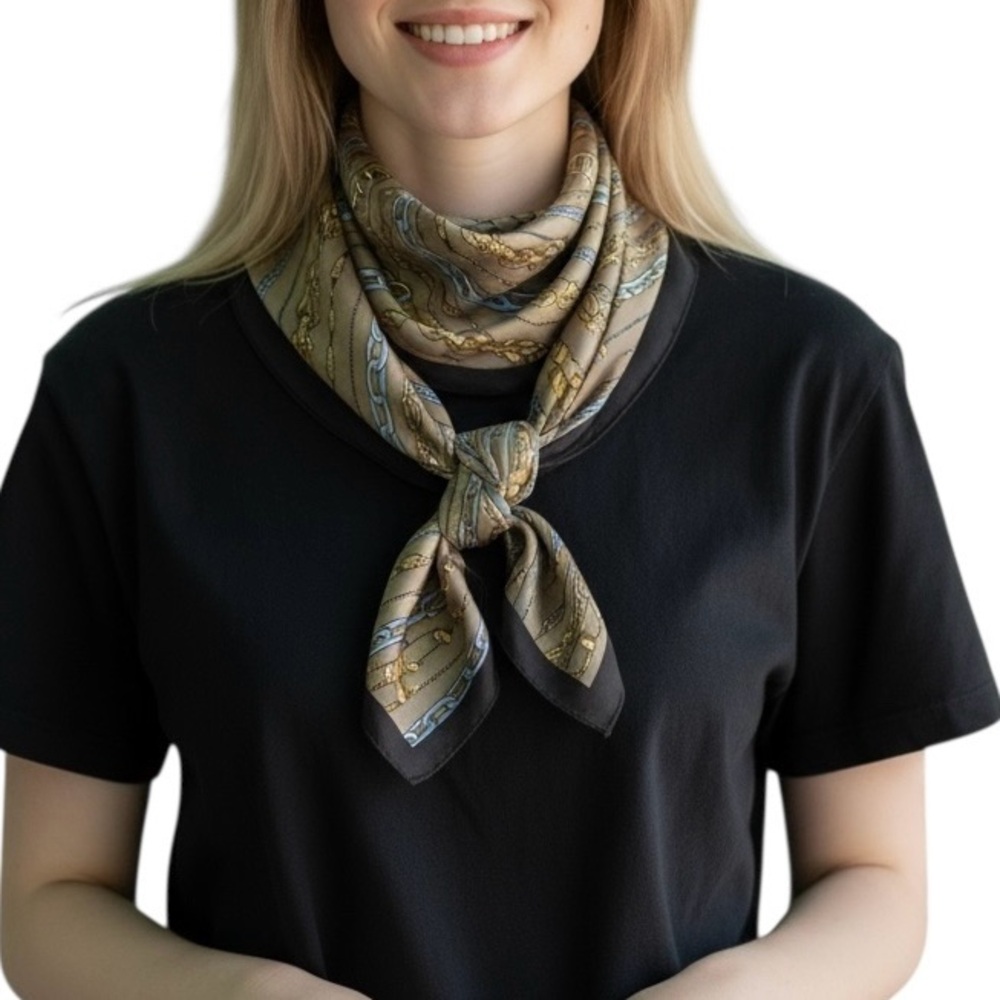 Elaine Gold Collection XII Ltd Vintage 100% Silk Scarf Brown Blue Chain Print